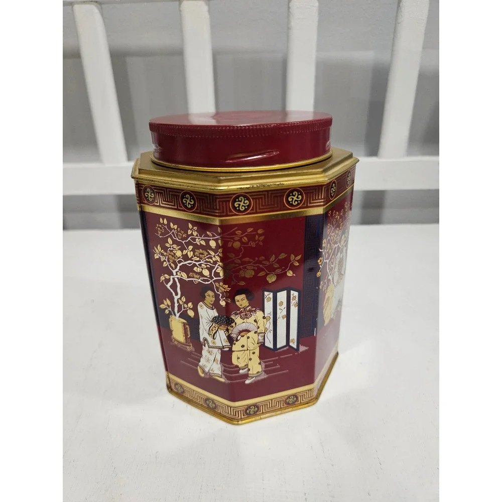 Vtg 1960s Chinoiserie Octagonal Tea Tin Set, Oriental Style Made in England